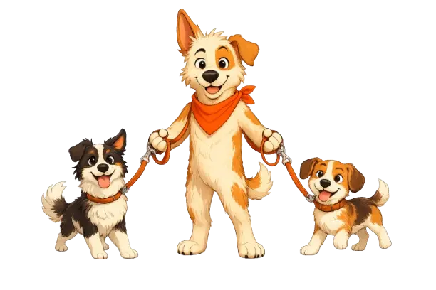 La mascotte wafwaf tient deux chiens en laisse